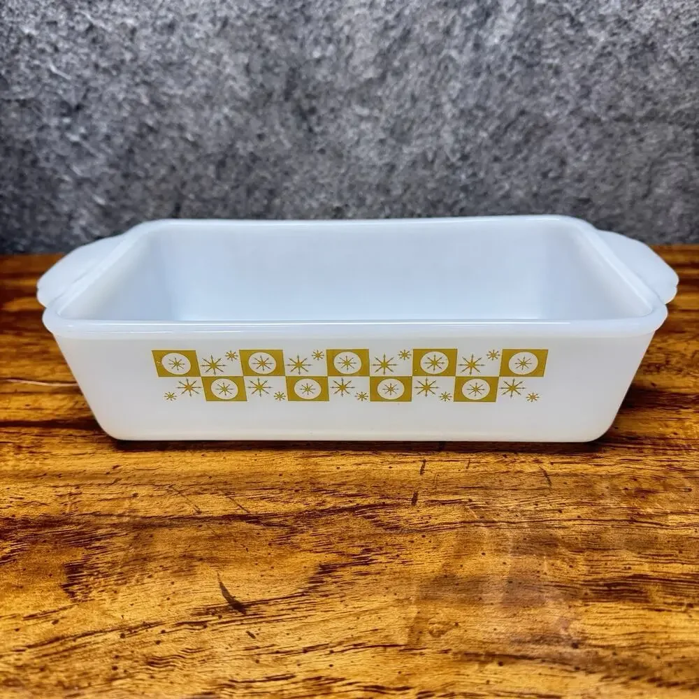 Fire King Star Glow Atomic Snowflake Loaf Pan 1.5 qt. Vintage Baking Dish